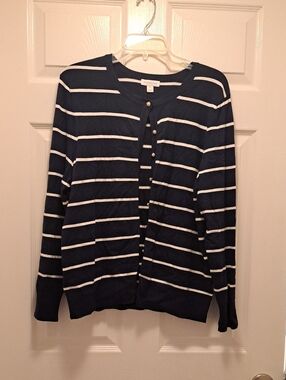 Charter Club Navy and White Striped Button Cardigan